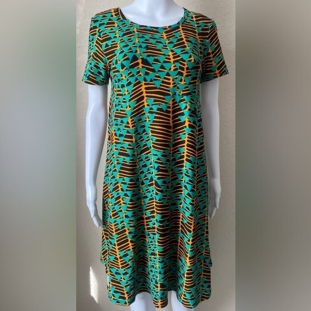 LuLaRoe | Women's Carly Green Orange Tribal Geometric Dress | XXS
